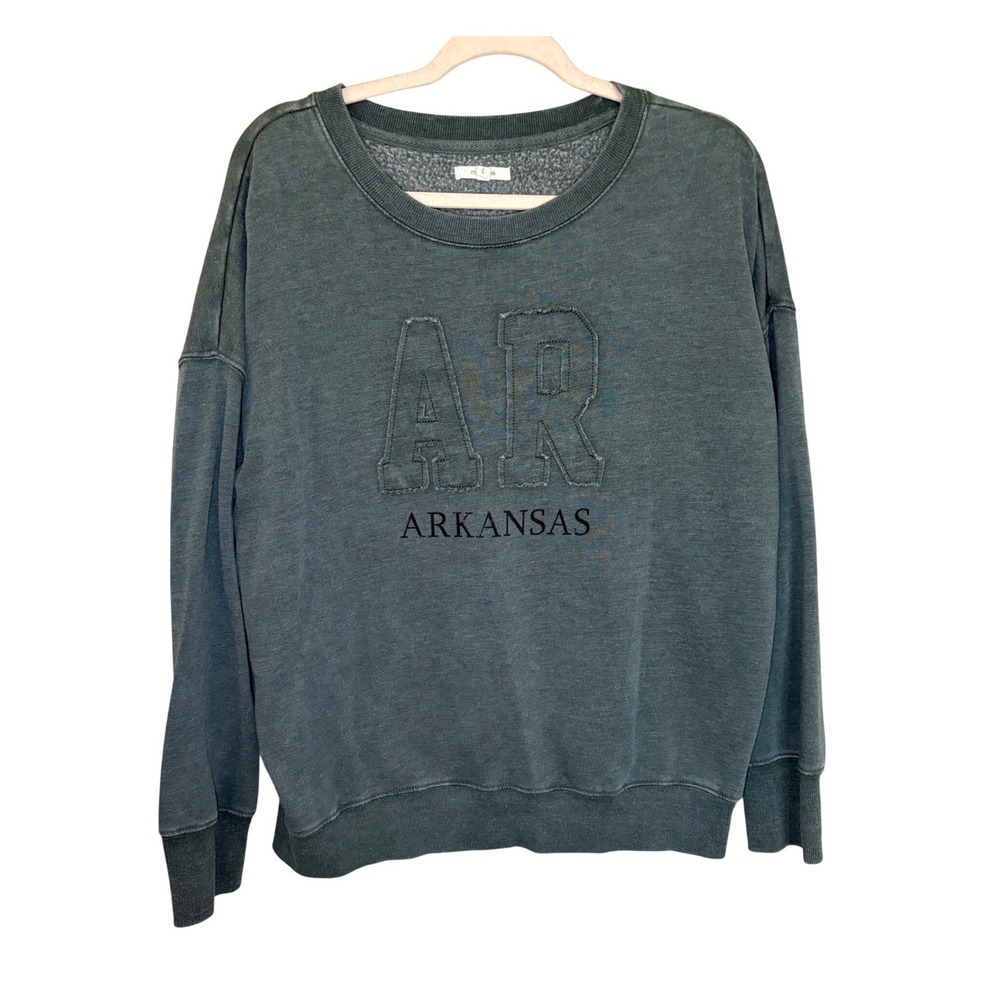 Arkansas Graphic Sweatshirt Women L Green Faded Fleece Pullover AR Applique - Picture 1 of 5
